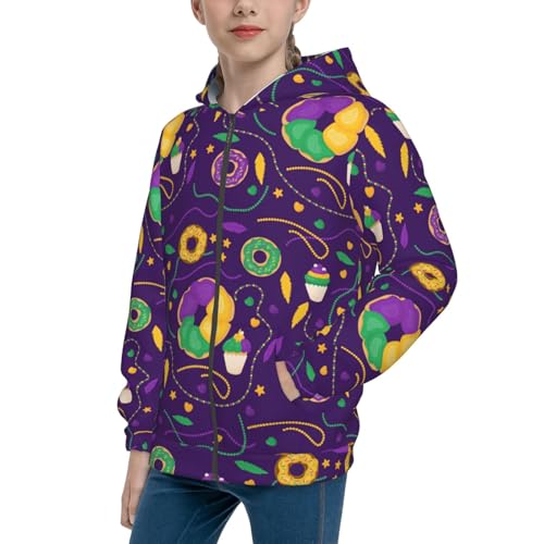 Mardi Gras and Donuts Kid Hoodies Boys Zip Up Sweatshirts Girls Pullover with Pocket Black
