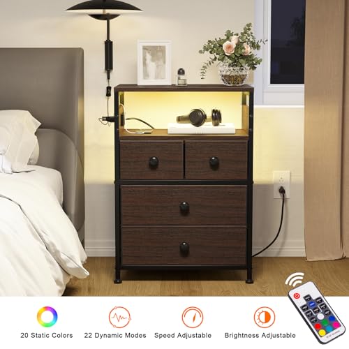 Image of REAHOME Nightstand with Charging Station and LED Light, Tall Brown Night Stand with 4 Drawers and 2-Tier Shelf, Modern End Table with Wooden Top for Bedroom, Living Room, Hallway - Rustic Brown