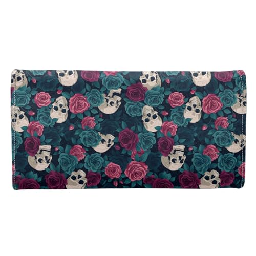 Image of AFPANQZ Women Wallet Soft Leather Designe, Skull Green Pink Rose RFID Blocking Large Capacity Shopping Outdoor Vintage Phone Holder Pockets