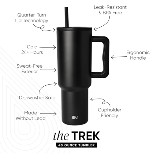 Simple Modern 40 oz Trek Tumbler with Handle and Straw Lid | Cup Holder Friendly Insulated Stainless Steel Travel Mug | Midnight Black - Image 4
