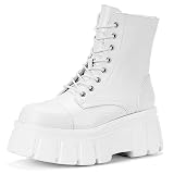 KEIIYJ Women's Platform Combat Boots Punk Chunky Heel Ankle Booties Lace Up Casual Shoes(LILU10-Whit