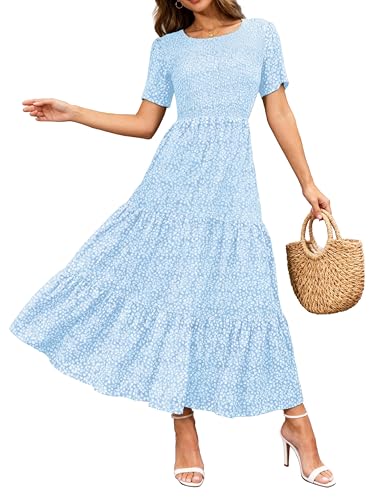 Image of BTFBM Women Casual Short Sleeve Crew Neck Summer Dress Bohemian Floral Printed Flowy Maxi Dresses Tiered Cocktail Dress