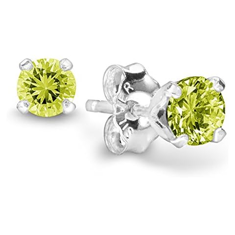 Birthstone Stud Earrings 4 mm - 925 Sterling Silver with Cubic Zirconia Crystal - August (Peridot) - CHOOSE YOUR COLOR Cover