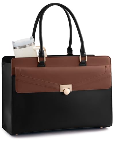 Image of LOVEVOOK Laptop Tote Bag for Women, PU Leather Work Bag, Teacher Tote | with Large Cup Holder, Waterproof Vintage Briefcase for Business Travel & Commute, Magnetic Snap, Padded Laptop Pocket