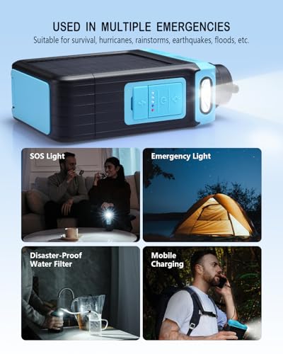 BKLES 3-in-1 Solar Electric Water Filter with Hand Pump - Camping Water Filtration System Survival, Portable Water Purifier with Emergency Light, Survival Kit for Backpacking, Birthday Gifts for Men