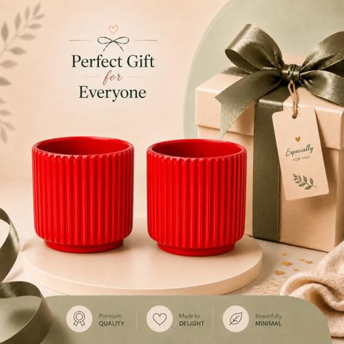Image of Xtore 2Pc Striking Ribbed Red Ceramic Planter Pot for Indoor Plants & Bonsai Styling | Compact Round Design for Tabletop, Shelf & Desk Decor (Red, Pack of 2 - Planters only)