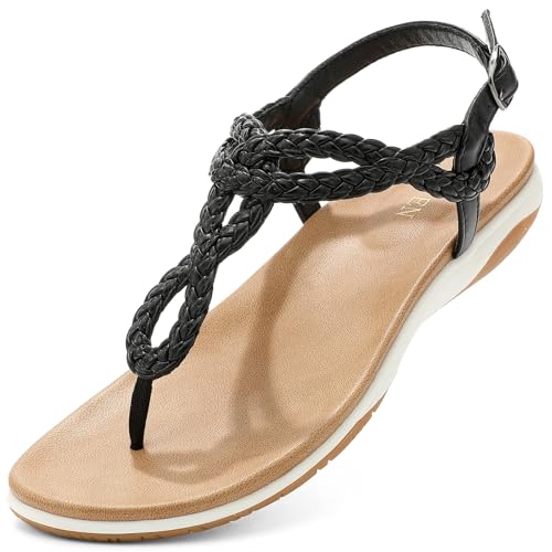Image of UBFEN Womens Flat Sandals Dress Braided T-Strap Thong Sandals with Arch Support Comfortable for Walking