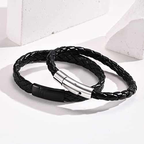 Mens Braided Leather Bead Bracelet - 2Pcs/Set Adjustable Tiger Eye Bead Bracelet, Stinaless Steel Clasp Wrist Cuff, Leather Rope Bracelet Gift For Men Dad #TOP5