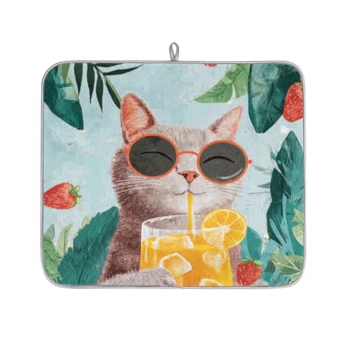 Tapete de secado de platos de gato con lentes de sol tropicales divertidos para encimera de cocina, tapete escurridor de platos absorbente, lavable para escurridores de encimera, 46 x 41 cm