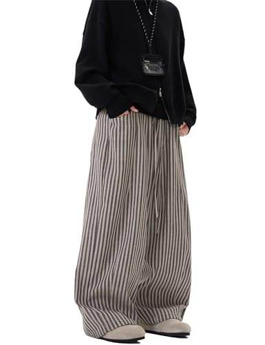 Men's Retro Wide Leg Pants Striped Loose Fit Elastic Waist Comfy Drawstring Casual Streetwear Lounge Trousers