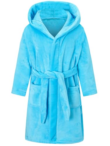 QZH.DUAO Girls Fleece Robes, Hooded Warm Bathrobe with Belt and Pockets for Kids, Blue, 4T=110