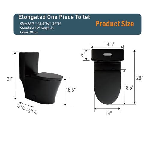 Inodoro moderno de una pieza con descarga dual 1.1/1.6 GPF, diseño alargado y asiento de cierre suave, base cubierta, capacidad de descarga MAP 1000 g (negro) miniatura 2