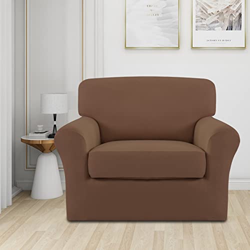 Image of Easy-Going 2 Pieces Stretch Sofa Slipcover for Armchair Washable | Spandex Soft Fitted Sofa Couch Cover for Living Room Washable Furniture Protector with Bottom Kids Pet Brown