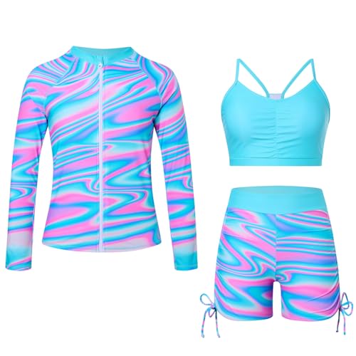 Image of Funnycokid Girls Swimsuit 3 Pieces Zip Rash Guard Bathing Suits Set Kids Bikini Boyshort Summer Swimwear 3-14 Years