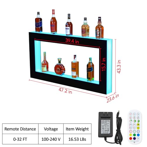 GarveeHome LED Lighted Liquor Bottle Display, 2 Tier 48-Inch LED Bar Display Rack with Remote & App Control, 16 Colors, 4 Modes, 1-8 H Timing, Acrylic Lighting Shelf for Home/Commercial Bars