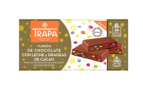 TRAPA - TURRONES. Tableta de Turrón de Chocolate con Leche con Grageas de Cacao. - 175 gr