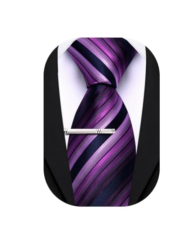 Image of Barry.Wang Silk Men Ties Formal Stripes Necktie and Tie Clip for Wedding Party Business Fashion Classic