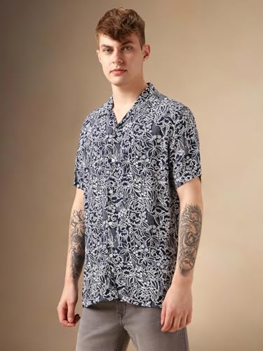 Image of Dennis Lingo Men Navy Blue Rayon Half Sleeve Cuban Collar AOP Shirts
