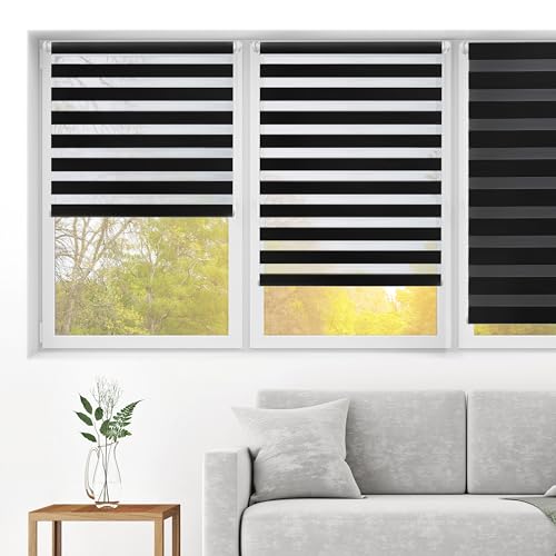 Blindecor - Indus NO TOOLS REQUIRED. Double layered roller blind, Night and Day. Black. 62x180 cm (width x length)