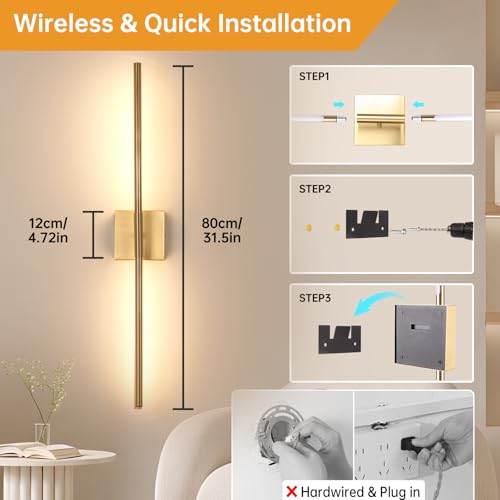 Image of Shenmoyl Battery Operated Wall Sconce Set of 2, 10400mAh Rechargeable Wall Sconces, 3000K-6000K Dimmable, 350Rotate, Indoor Wall Lights for Bedroom Living Room Bathroom, Gold, 31.5 Inch