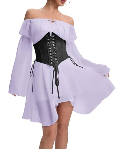 Image of Womens Corset Dress Off Shoulder Bell Sleeve Casual Party Pirate Fairy Dress Set
