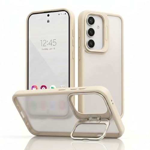 Image of amazon basics Frosted Matte Case for Samsung Galaxy A55 5G | Built-in Flip-Out Camera Lens Stand | Translucent Back with Contrast White Bumper | Shockproof Protective Cover with Foldable Kickstand