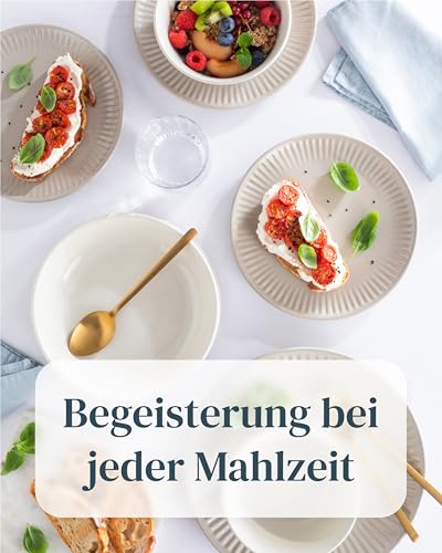 Steingut Geschirrset 6 Personen Hygge 24 tlg. TESTSIEGER, Traumhaftes Skandinavisches Steingut Geschirr Set, Schüssel- und Teller Set, Tafelservice 6 Personen, Geschirrsets Pure Living in Hellbraun