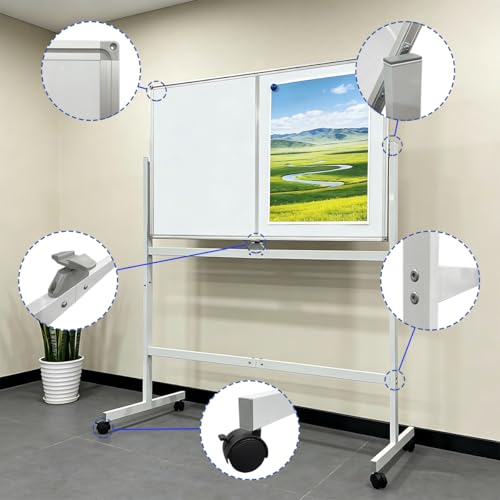 Mobile Whiteboard 48" x 32" with Stand, Double Sided Large Dry Erase Board on Wheels, Magnetic Rolling Whiteboard with Markers & Eraser, Reversible Standing Board for Office, Home, Classroom