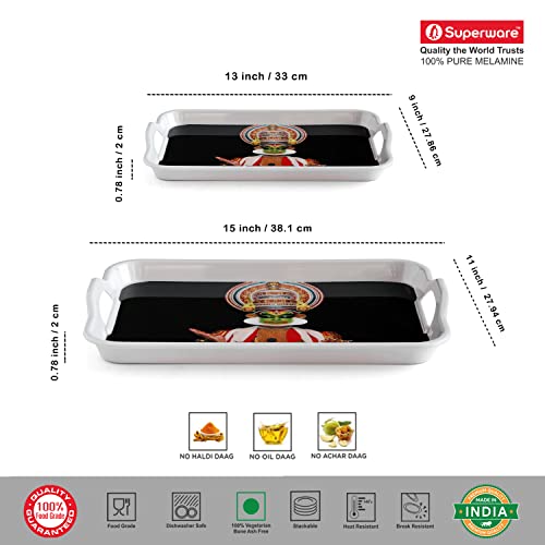 Image of SUPERWARE | Food Grade Melamine | Serving Tray Set - Handy Tray Kathakali (2 nos.) | Serveware, Tableware, Stain Free, Glazed Finish
