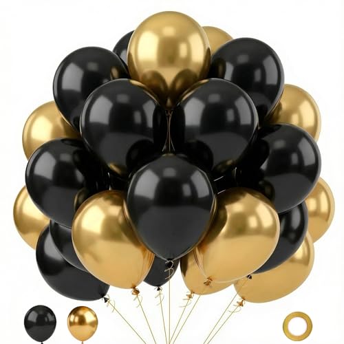 Image of Black and Gold Balloons, 70pcs 12inch Metallic Gold and Black Balloons for Graduation Anniversary Birthday Party Decoration