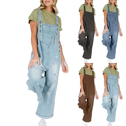 Blue Jean Overalls for Women Loose Fit Wide Leg Denim Jumpsuits Distressed Raw Hem Jeans Pants Rompers with Pcokets Jean Jumper for Women Summer Spaghetti Strap Jumpsuits Casual Long Pant Denim Romper