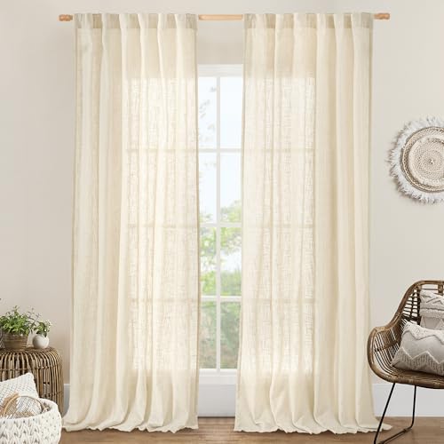 LAMIT Beige Linen Curtains for Living Room 2 Panels Set, 84 Inch Faux Linen Textured Light Filtering Drapes Back Tab and Rod Pocket Boho Panels for Farmhouse/Bedroom/Porch, 52 x 84 Inch