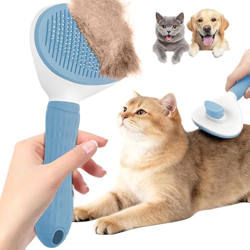 Cat Brush, Self Cleaning Slicker Brush, Skin-Friendly Grooming Tool for Cats & Dogs, Easily Removes Shedding Hair & Mats, Pet Massaging Tool for Long and Short, No Hair Build-Up, Easy to Clean
