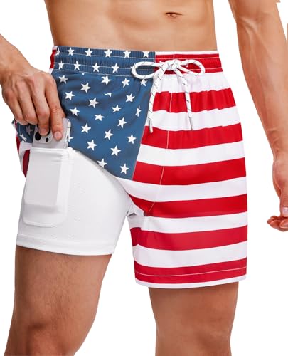 Gleeease Swim Trunks Men Bathing Suit Men 5 inch with Compression Liner Pockets Drawstring 2 in 1 Quick Dry Stretch Lined Funny Beach Swimming Pool American Flag Large
