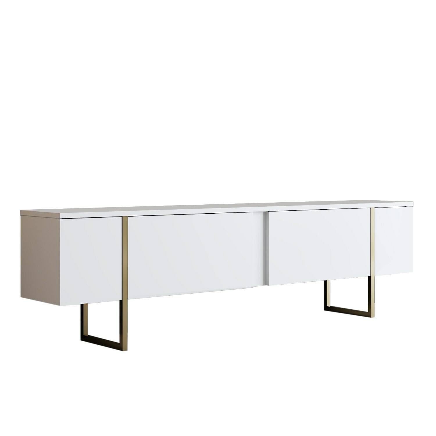 Dmora - Meuble TV Centaurus, Buffet de Salon, Armoire Basse pour TV, Base Murale de Rangement, 180x30h50 cm, Blanc et Or