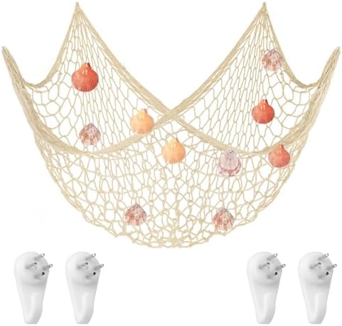 Aolso Fishing Net, Decorative Fishing Nets, 200 x 100 cm Mediterranean Style, Maritime Decoration, Wall Hanging for Home, Party Photo Decoration Wall Decoration – Beige Shell