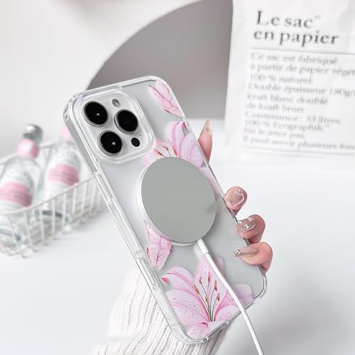 NITITOP Compatible with iPhone 16 Pro Max Case Clear Magnetic Compatible with MagSafe Cute Lily Flowers Floral for Women Girls Hard PC Back Shockproof Protective Phone Cover - Pink by NITITOP - Used condition - Image 6