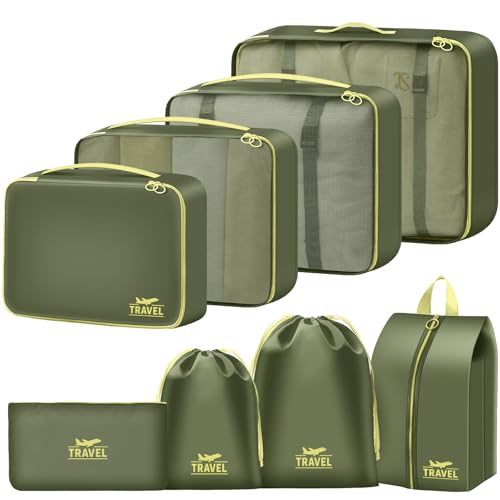 MOFELON Koffer Organizer - 8 Stück, Packing Cubes, Packwürfel für Rucksack, Travel Organizer Packtaschen Set mit Kleidertaschen Schuhbeutel Wäschebeute Kosmetiktasche, Reise Gadgets-Grüner