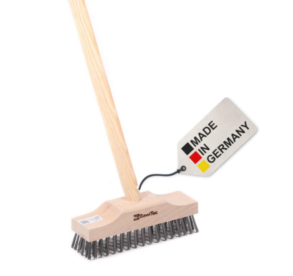 BawiTec Stahldrahtschrubber 22cm mit Holzstiel 140cm Drahtbesen Stahlschrubber Drahtborsten Kratzschrubber für Garten, Haus, Hof, Werkstatt, Gewerbe