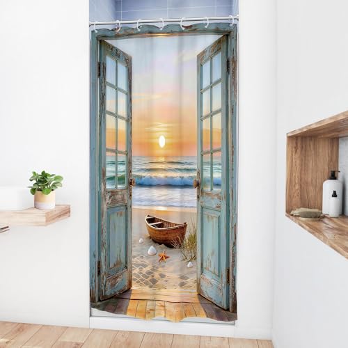 Image of Riyidecor Small Stall Beach Ocean Shower Curtain 36Wx72H Inch Blue Rustic Seaside Barn Door Sea Scenery Sunset Sandbeach Wood Hawaii Landscape Bathroom Decor Fabric Polyester Waterproof 7 Pack Hooks