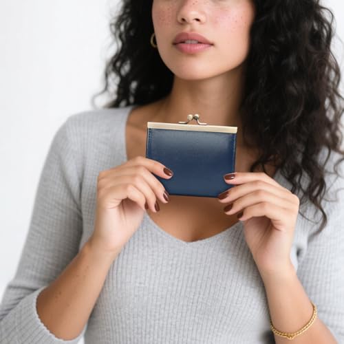 Image of GOIACII Credit Card Holder Vintage Wallet for Women Genuine Leather Ladies Card Cases with Kiss Lock Small Blue