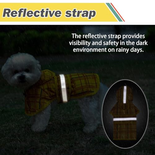KOOLTAIL Hunde-Regenmantel mit Kapuze und Loch für die Leine, wasserdichte Hunde-Regenjacke mit reflektierenden Streifen, verstellbar, atmungsaktiv, Gelbes Karomuster, Medium (Pack of 1)