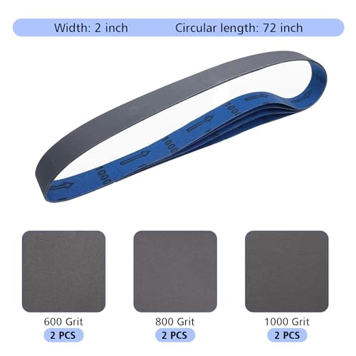 2 X 72 Inch Silicon Carbide Extra Fine Grit Sanding Belts 600, 800, 1000 Grits, 2x72 Grinding Belts for Knife Sharpening, 6 Pack Assortment