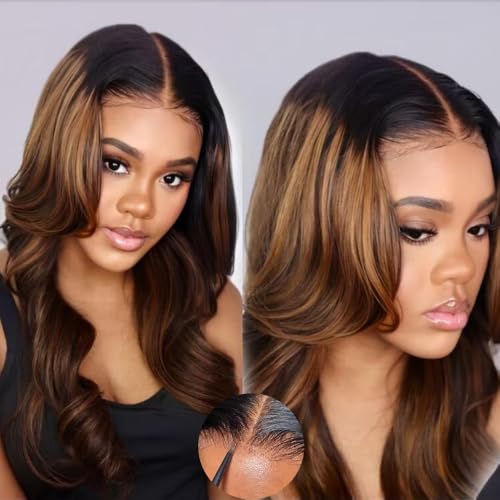 Image of KLAIYI Bye Bye Knots Glueless Ombre Brown Body Wave Pre Cut 7x5 Lace Front Wigs Human Hair Drawstring Pre Plucked Bleached Pre Everything Ready to Wear and Go Wig Highlight Balayage Colored Wig 24Inch