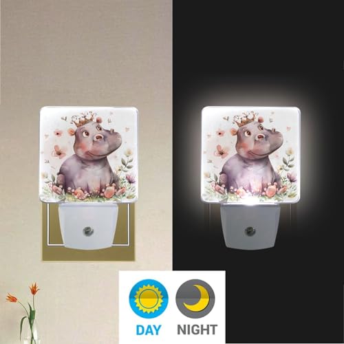 Image of Little Princess Hippo Night Lights 2 Pack Plug-in Wall Led Nightlight Auto Dusk-to-Dawn Sensor Lamps for Bedroom Kitchen Bathroom