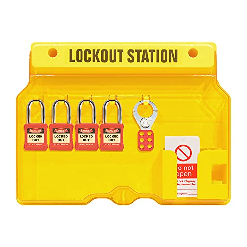 Spectrum IndustrialLockout Tagout Station With 4 Padlocks-1 Hasp-10 Tags, Supplied With Lockable Cover, Yellow, H406 x W315 x D65mm