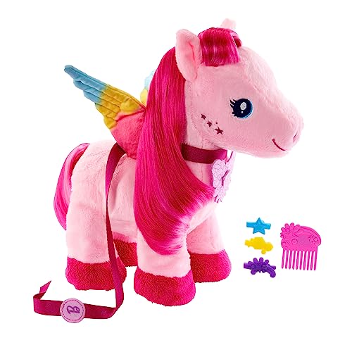 Barbie Mattel Touch of Magic - Gehender und flatternder Plüschpegasus mit Leine, Schmetterlingstaste zum Abspielen von Gesang, Kamm und Spangen, für Kinder ab 3 Jahren, HPJ50