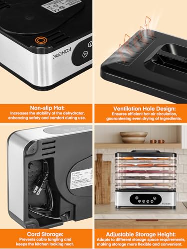 FOHERE Food Dehydrator, 5 BPA-Free Tray Dehydrators for Food and Jerky, Fruit, Herbs, Meat, Dog Treats, 48H Timer and 95-158°F Temperature Control, 400W Dehydrator Machine, 11.42" Stackable Trays - Thumbnail 7