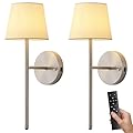 NEWSEE Wall Sconces Battery Operated Set of Two, Small Rechargeable Wall Lights with Remote, 5200mAh Fabric Shade Cordless Wall Lamp for Bedroom, Hallway, Living Room, Dining Room, Picture (Silver)