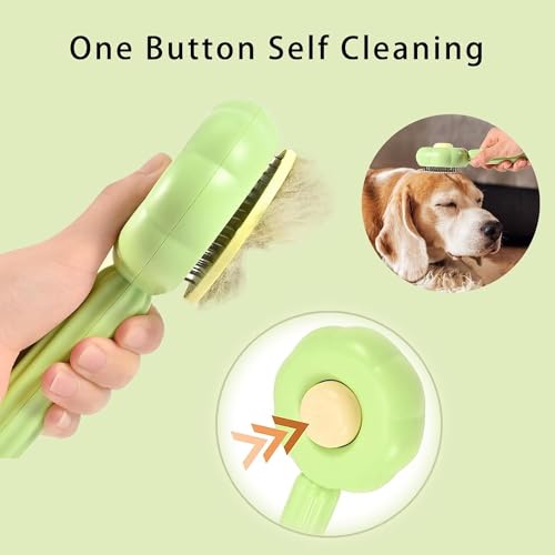 Image of VAYINATO Sunflower Shaped One Click Pet Hair Removal and Massaging Stainless Steel Brush Comb With Skin Safe Tip For Both Dogs and Cat Grooming, Self Cleaning Pet Hair Shedding Tool (Green)